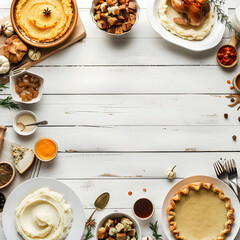 Overhead view of a thanksgiving table spread with traditional dishes