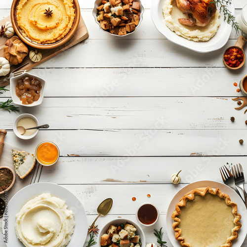 Overhead view of a thanksgiving table spread with traditional dishes