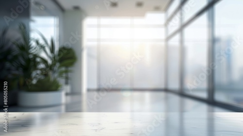 Beautiful blurred background of a light modern office interior with panoramic windows and beautiful lighting. hyper realistic 