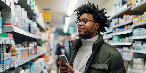A young African-American man intently using his smartphone while shopping in a pharmacy aisle, comparing products and prices. photo