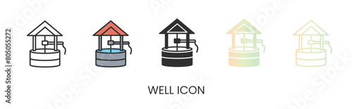 Vector well icon, water source icon in solid, gradient and line styles. Trendy colors. Isolated on a white background. Editable stroke