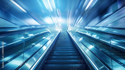 blurred background metro escalator / light blue background movement city infrastructure subway hyper realistic 