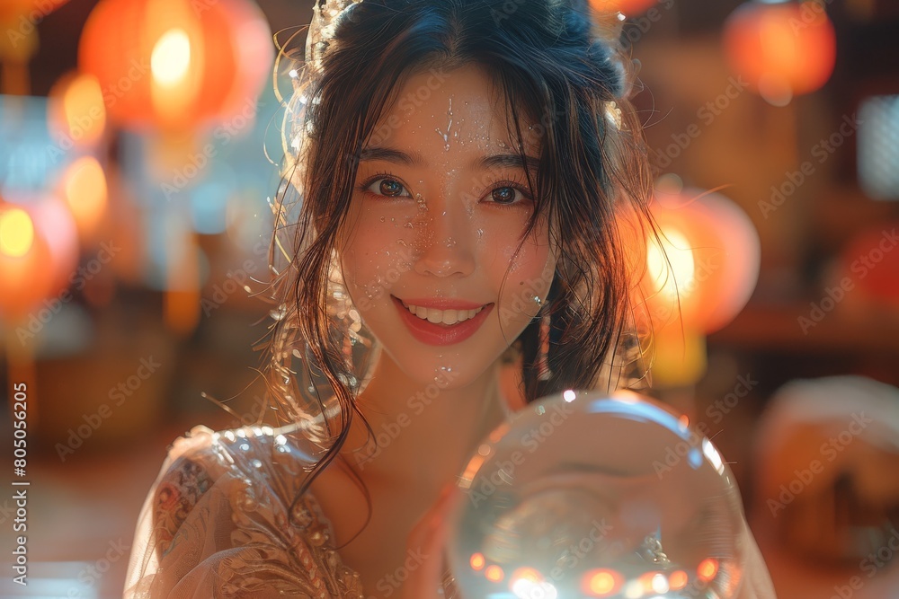 Naklejka premium a cheerful Asian enchantress wields a translucent crystal orb, adding a touch of magic to her mystical persona.