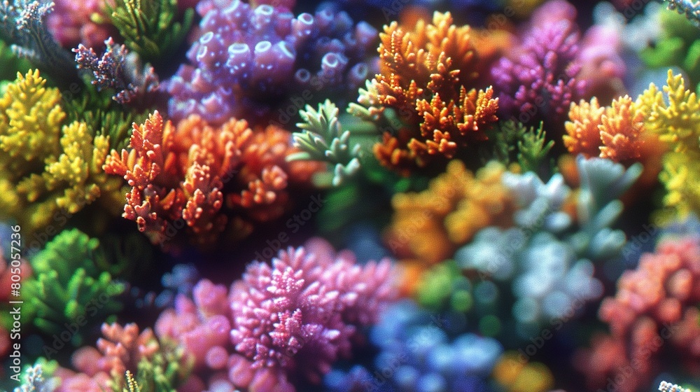 Obraz premium A macro shot of colorful coral clusters adorned with water bubbles above
