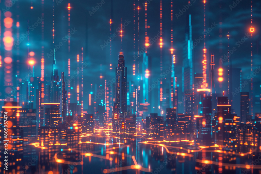Cybernetic skyline with digital economy hubs glowing data streams linking buildings  