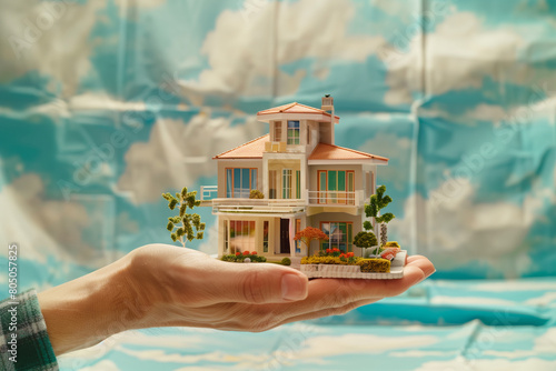 photo against a backdrop representing the concept of buying or building a new home with copy space, a real estate agent's hand extends, presenting a meticulously crafted model of a
