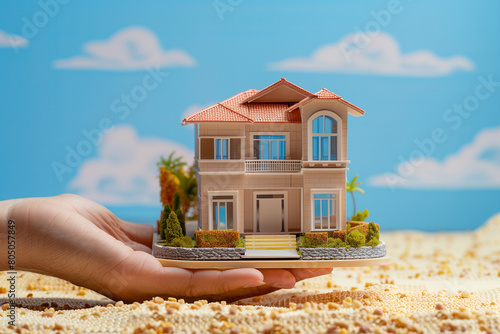 photo against a backdrop representing the concept of buying or building a new home with copy space, a real estate agent's hand extends, presenting a meticulously crafted model of a