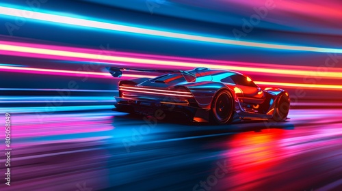 Fast racing car driving on high speed along the street with blurred lights in neon. Evening race. Concept of motor sport, racing, competition hyper realistic 