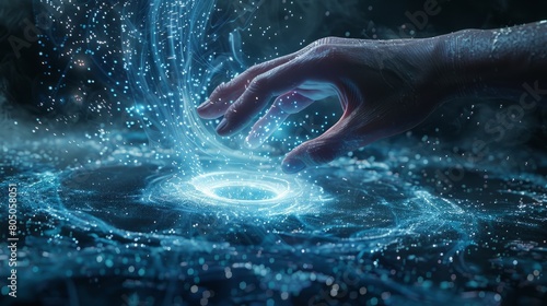 First contact  with hand touching spinning vortex of light particles  neuronal network concept hyper realistic 