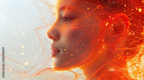 Digital woman head with red orange and yellow lights, Artificial Intelligence concept. Dubble exposure of a woman portrait with yellow glowing and shining, machine learning. Mental health care.