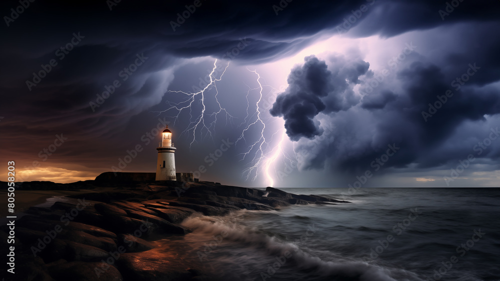 Lightning strike illuminating lighthouse amidst dark stormy sea, sky with clouds and thunderstorm. Nautical concept with beacon. Coastal landmark for navigation. Marine landscape.