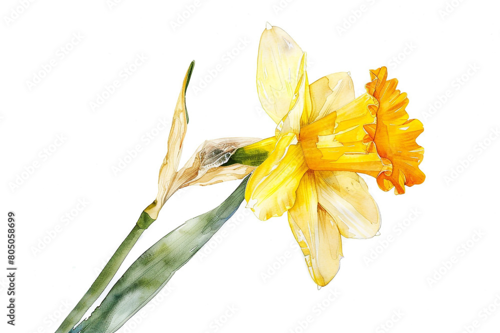 Daffodil whispers, watercolor, springs first bloom, isolated on white 