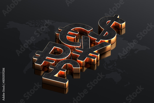 3D International currency symbol finance business on investment money banking financial foreign background of dollar usd, euro, pound, yen, ruble icon world commercial transaction transfer exchange. © Lemonsoup14