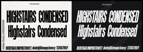 Condensed sans serif font bold and tall. vector font with uppercase, lowercase, and number.  
