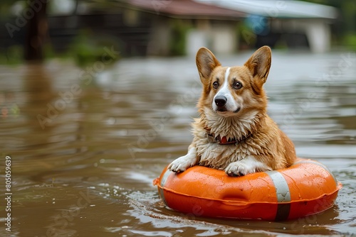Carnivore dog swimming on life preserver in water for recreation photo