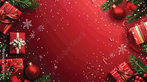 Banner with Christmas gifts and decor on red background