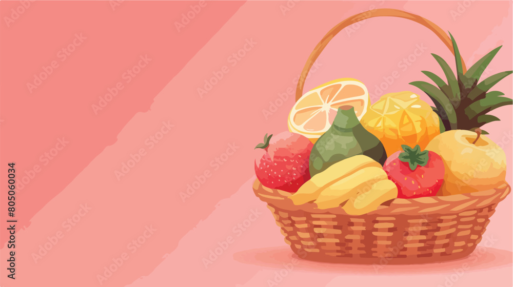 Basket with fresh tropical fruits on pink background