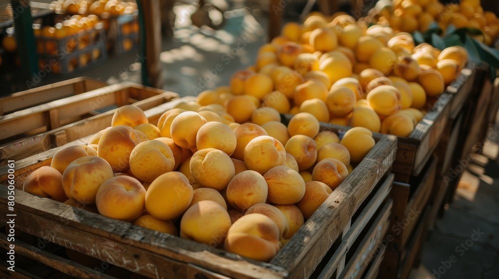Sunlit orchard warehouse fresh peaches in wooden crates, embracing a summer fruit vibe Sunlit orchard warehouse fresh peaches in wooden crates, embracing a summer fruit vibe