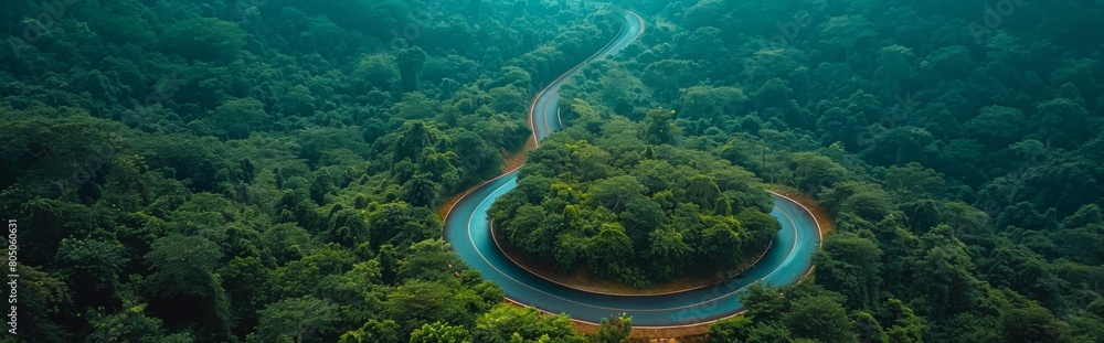 Winding road, green mountains and green forests on both sides, Chinese style, wide-angle lens aerial view, high-definition photo, green tone, winding road through the forest, green vegetation covering