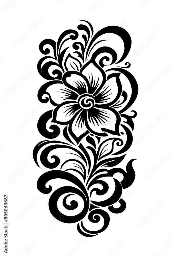 Botanical black and white pattern. For use on tattoos, posters, textiles, T-shirt printing. Generated by Ai