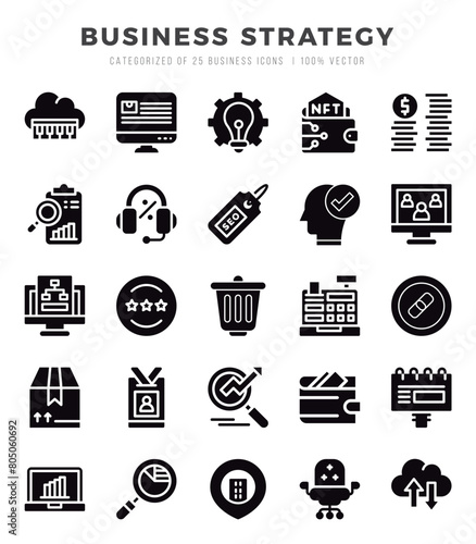 Business Strategy elements. Glyph web icon set. Simple vector illustration.
