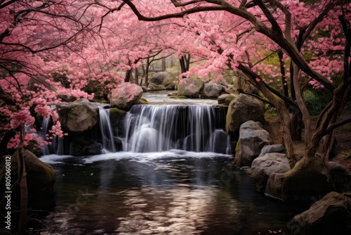Hidden Waterfall  A hidden waterfall surrounded by cherry trees  creating a soothing soundscape.