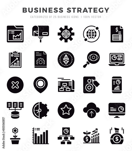 Business Strategy Icons Pack Glyph Style. Vector illustration.