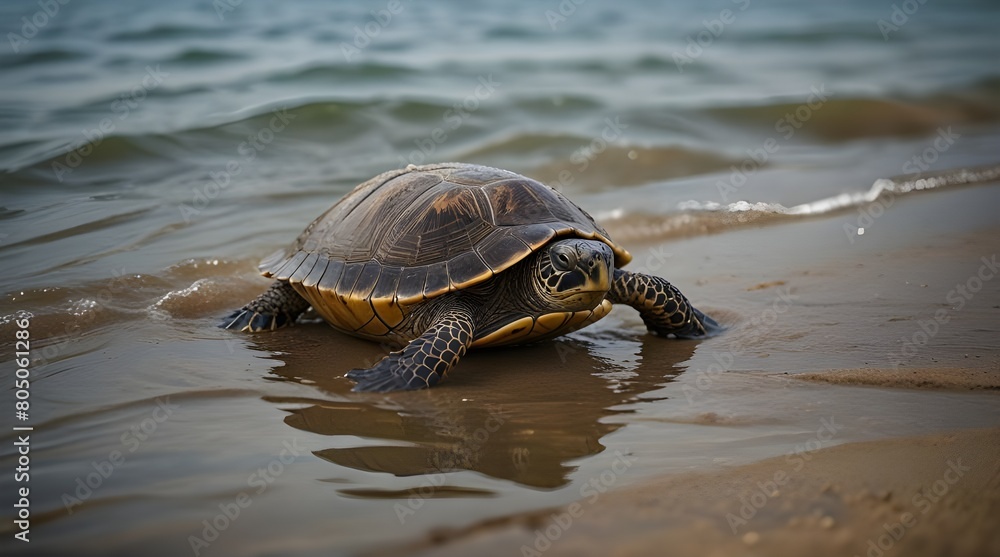 Fototapeta premium The turtle fell into the sea in a net Selective focus.generative.ai