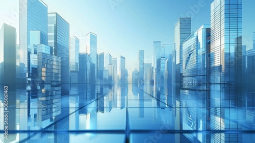 Modern skyscrapers of a smart city, futuristic financial district, graphic perspective of buildings and reflections - Architectural blue background for corporate and business brochure template