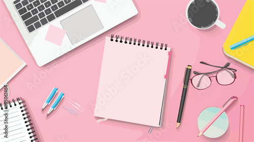 Blank notebook laptop and stationery on pink background