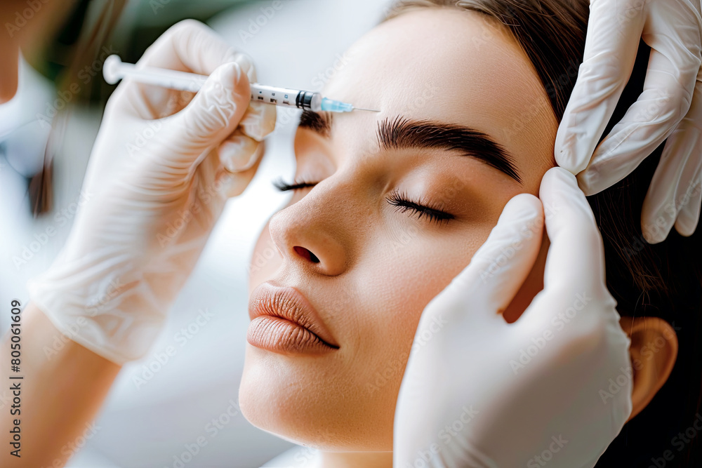 Close up of beautician expert's hands injecting botox in female forehead. Close up of beautician expert's hands injecting botox in female forehead.