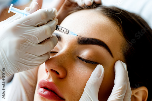 Close up of beautician expert's hands injecting botox in female forehead.