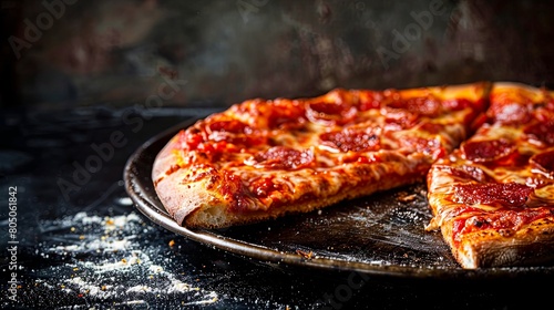 Slice of delicious pizza on black background. Copy space.