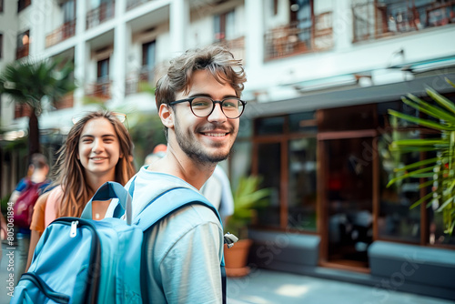 Young group of tourists with suitcases arriving at youth hostel guest house, People doing check-in at hotel lobby - Summertime holidays., Happy friends enjoying summer vacation together.