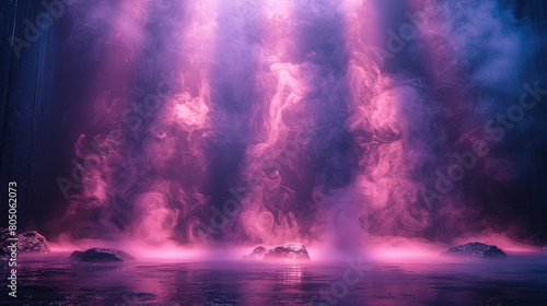 A stage enveloped in silver smoke abstract background under a deep purple spotlight, creating a mystical atmosphere on a dark background. © Amina