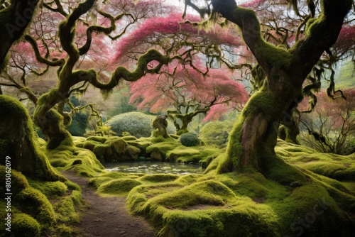 Moss Garden Delight: Cherry trees surrounding a lush moss garden, creating a vibrant contrast.