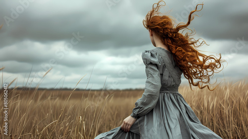 Beauty historical Early american pioneer woman with red hair in the wind and gray dress. Back view. Old west, Victorian, Georgian, Edwardian. Historical romance style. Wheat field. Cloudy sky. Peasant photo