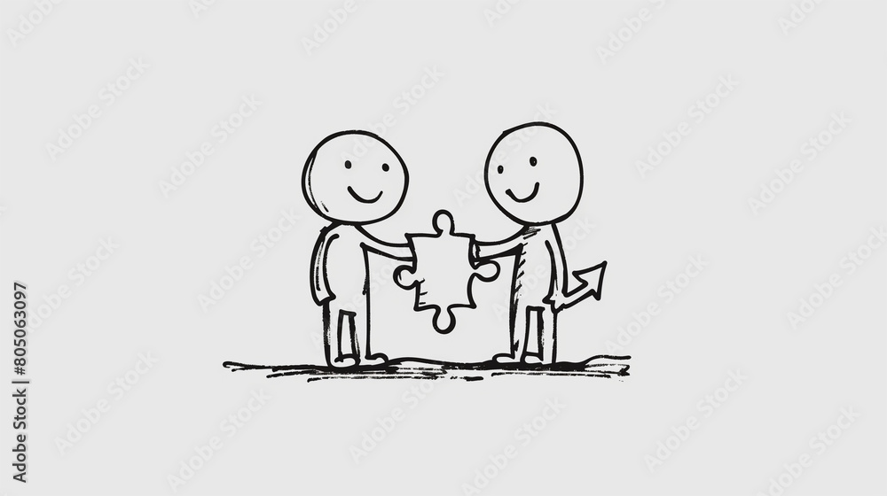 Two stick figures are depicted, each holding one puzzle piece and pulling it toward the other to connect them together.The background is white with no text or graphics, creating an abstract yet simple