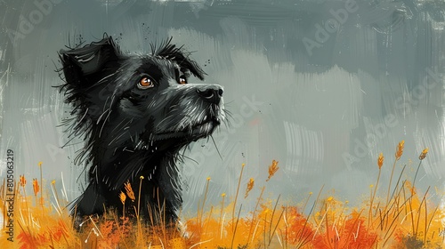  A black dog sits in a field of tall grass with orange and yellow flowers in the foreground