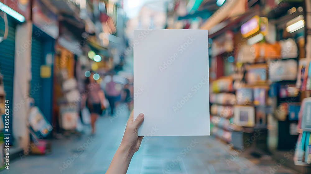 an image of a hand holding an a5 proportion flyer, with a blurred shop background an image of a hand holding an a5 proportion flyer, with a blurred shop background