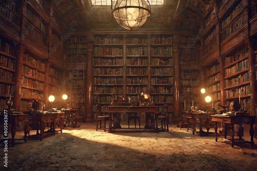 Obraz premium A library with a large globe hanging from the ceiling