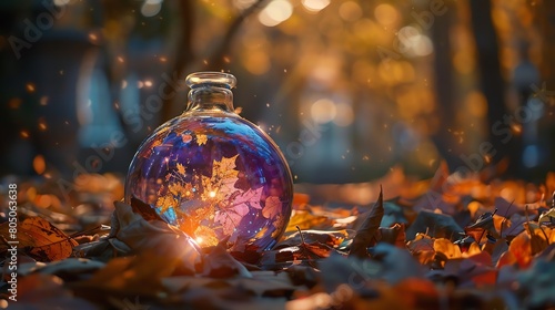 A beautiful glass bottle sits in a pile of fallen leaves photo