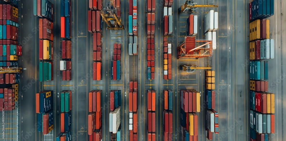 Obraz premium Aerial view, industrial port with colorful shipping containers stacked in rows and columns, dock workers operating forklifts, move containers