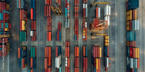 Aerial view, industrial port with colorful shipping containers stacked in rows and columns, dock workers operating forklifts, move containers