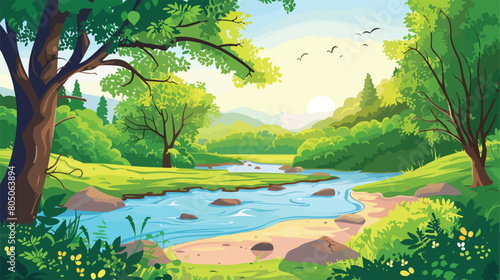 Beautiful landscape with river in woods Vector style