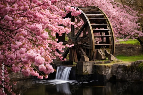 Waterwheel Feature: A waterwheel surrounded by cherry blossoms, adding a touch of rustic charm. photo