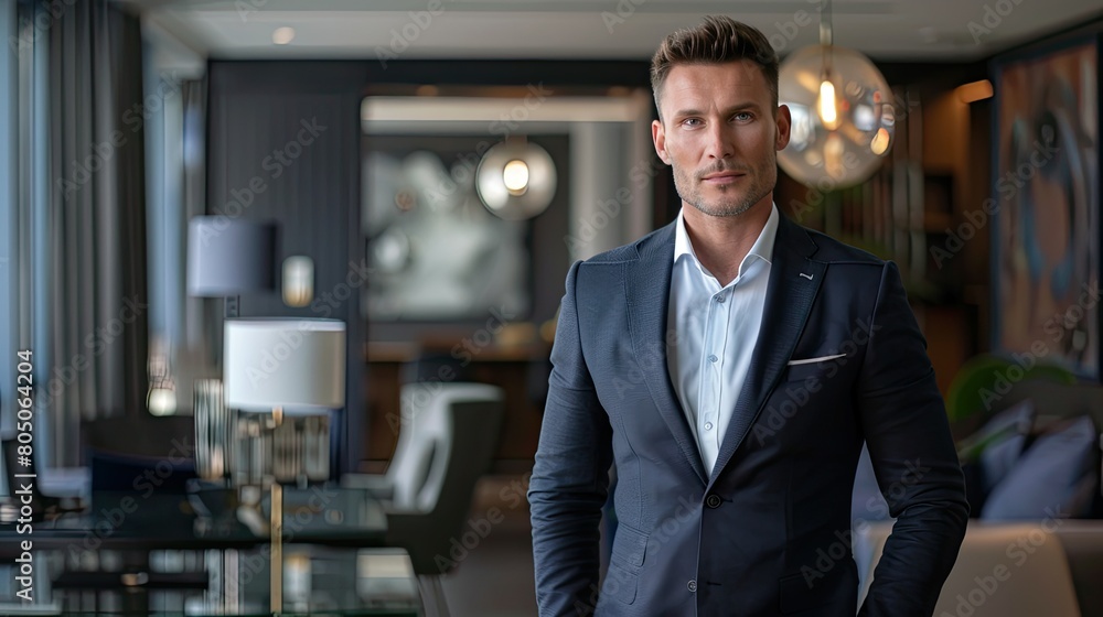Fototapeta premium Capture the businessman in a sleek office setting, exuding confidence and professionalism. Utilize soft lighting to highlight his refined attire and the clean lines of the modern workspace,