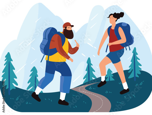 Two hikers trekking mountain path amidst forest scenery, man woman hiking backpacks, outdoor adventure illustration. Young adults exploring nature, couple hiking gear trail, cartoon style depiction