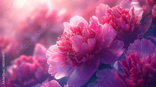   A tight shot of numerous blooms  accompanied by a softly focused floral rendition adjacent