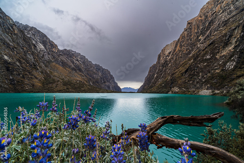panormaic view of laguna paron in the snow-covered andes in the Huascarán national park in peru photo